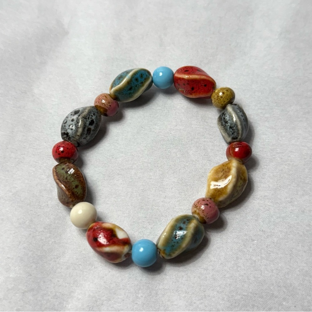 Handmade Handpainted Artisan Ceramic Beaded Stretch Bracelet, Stackable